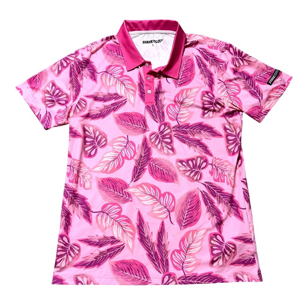 Shankitgolf  Mens Sz L Pink Leaf Print Polo Shirt Golf Shirt